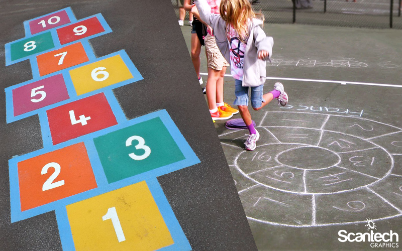 Hopscotch painted in color blocks on asphalt and snail hopscotch drawn in chalk