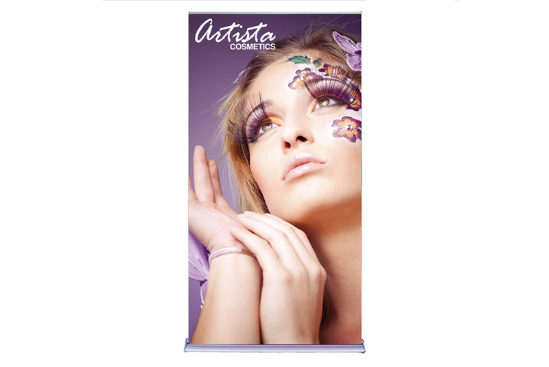 Premium 48 inch wide Retractable Banner displaying Artista cosmetics