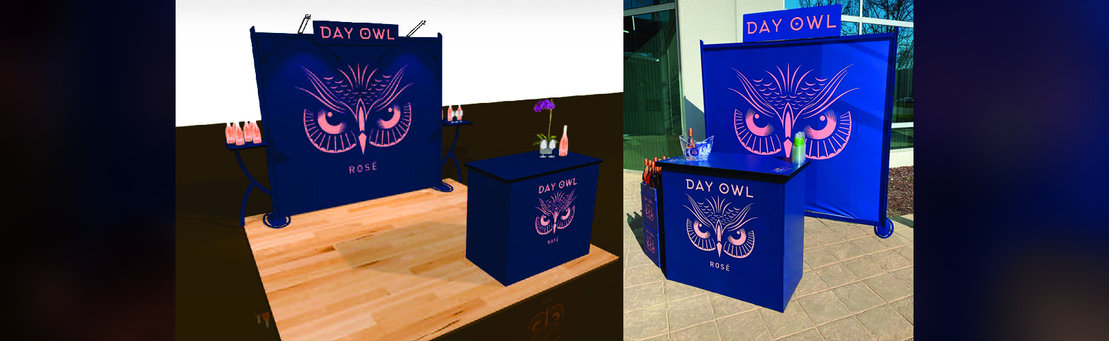 Side-by-side Rendering and actual Tradeshow display for Day Owl Rose.