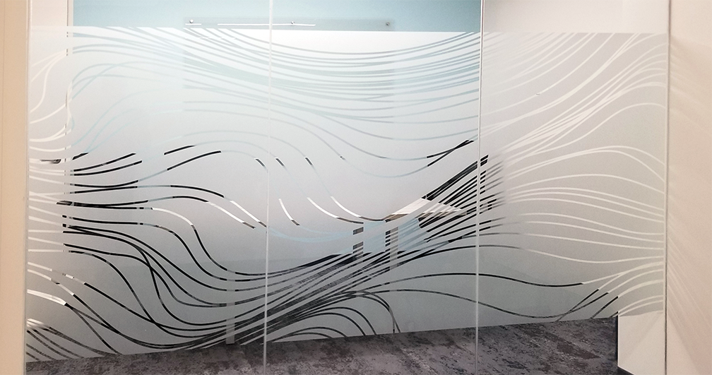 Custom Window Graphics - Abstract meandering wavy clear lines on frosted privacy window film installed on conference room interior window