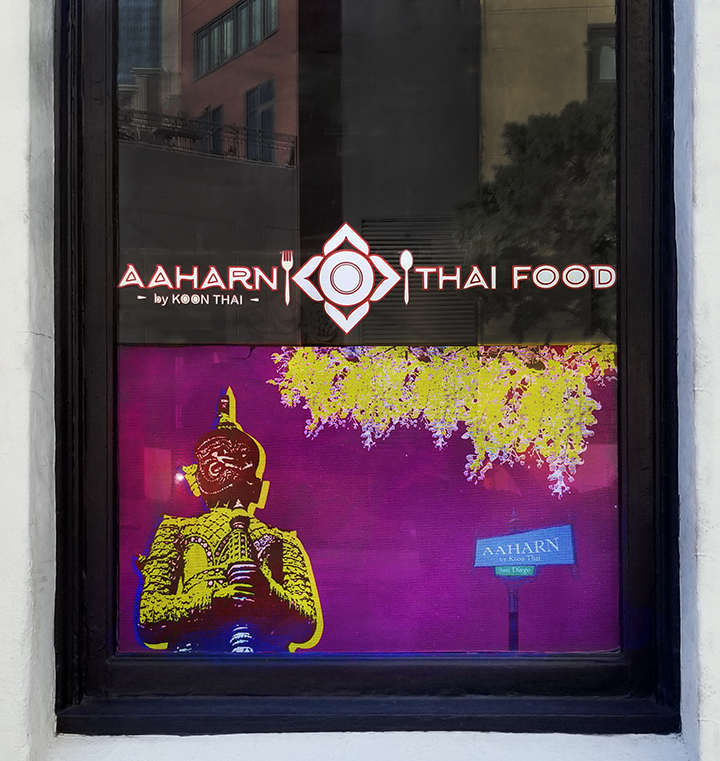 Vivid violet and yellow Aaharn Thai Food Window Graphic cling