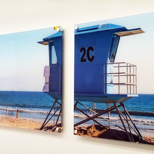 Beach and Ocean panoramic photo with lifeguard stand printed on Acrylic and mounted with standoffs in triptych format