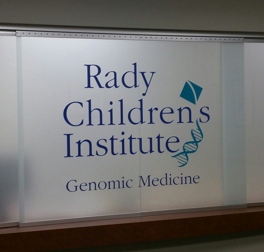Frosted effect Window Privacy translucent file with Rady Children's institute logo printed in color