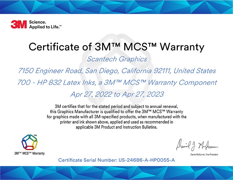 3M MCS Certificate of Warranty Awarded to Scantech Graphics, Inc.